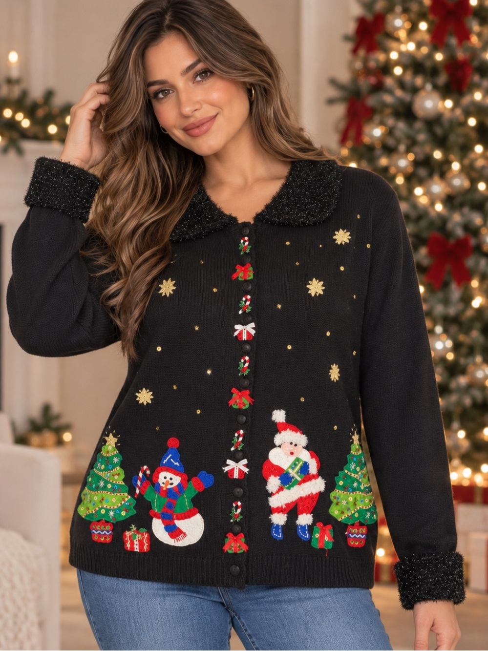 Tiara Black Holiday Embellished Cardigan with Festive Appliqués